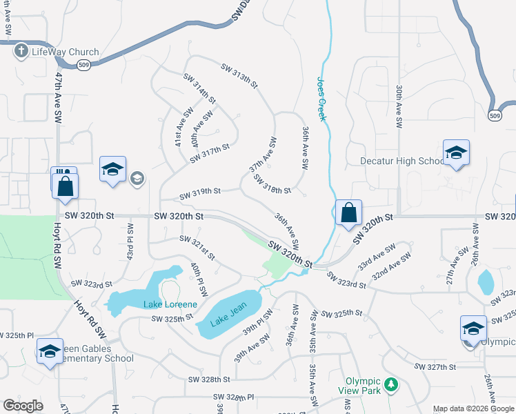 map of restaurants, bars, coffee shops, grocery stores, and more near 31925 36th Avenue Southwest in Federal Way