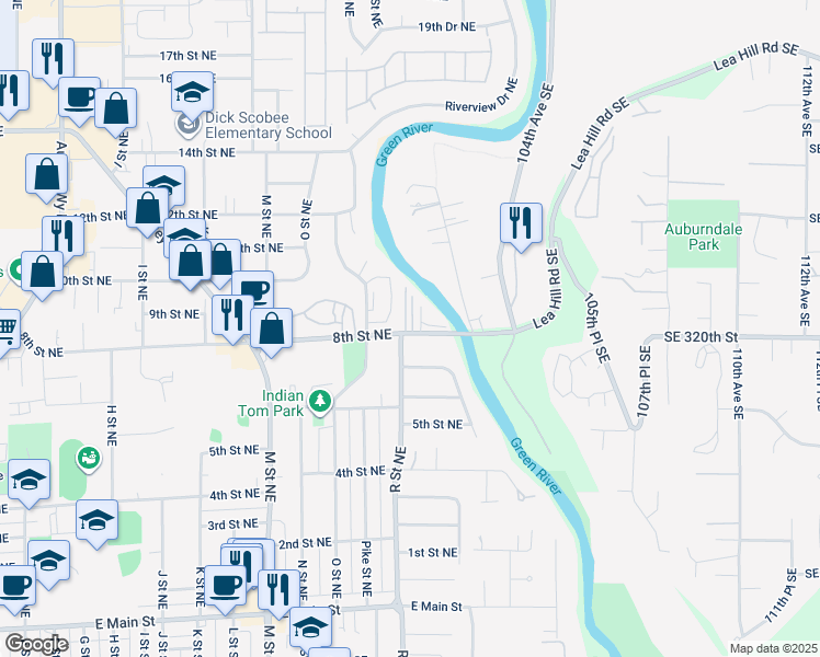 map of restaurants, bars, coffee shops, grocery stores, and more near 813 R Street Northeast in Auburn