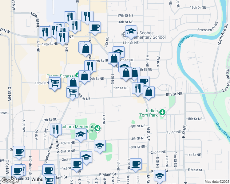map of restaurants, bars, coffee shops, grocery stores, and more near 905 I Street Northeast in Auburn