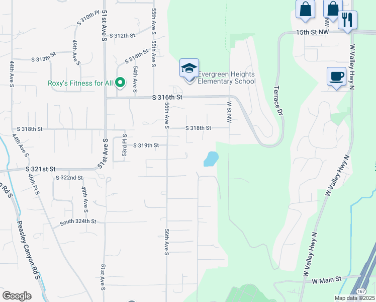 map of restaurants, bars, coffee shops, grocery stores, and more near 5639 South 318th Street in Auburn