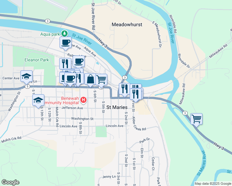 map of restaurants, bars, coffee shops, grocery stores, and more near 401 Main Avenue in Saint Maries