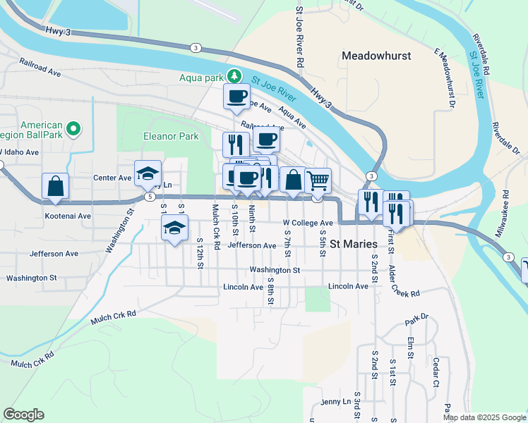 map of restaurants, bars, coffee shops, grocery stores, and more near 807 Main Avenue in Saint Maries