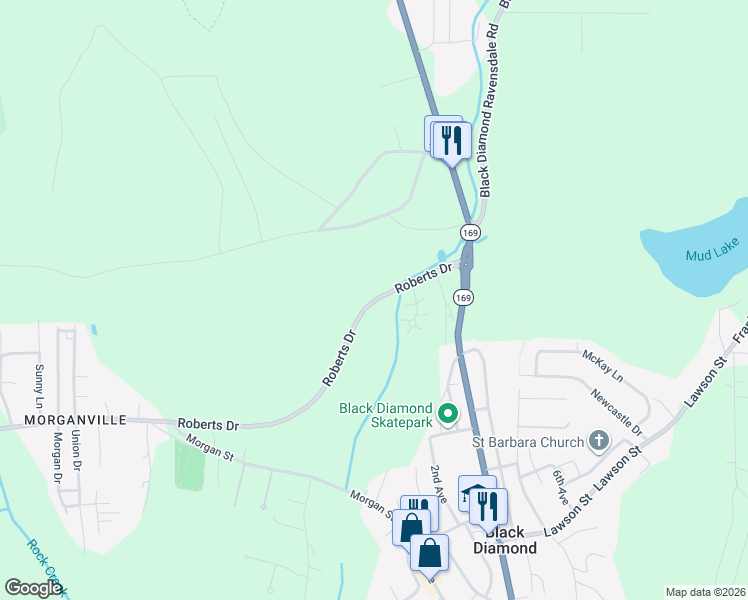 map of restaurants, bars, coffee shops, grocery stores, and more near 25022 Roberts Drive in Black Diamond