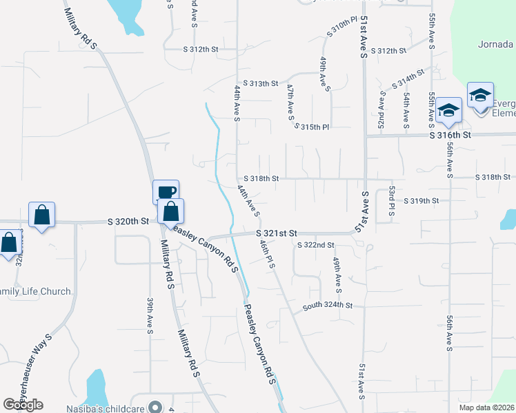 map of restaurants, bars, coffee shops, grocery stores, and more near 31834 44th Avenue South in Auburn