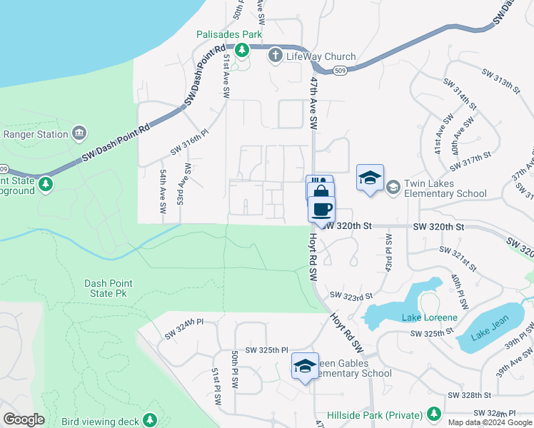 map of restaurants, bars, coffee shops, grocery stores, and more near 31833 48th Circle Southwest in Federal Way