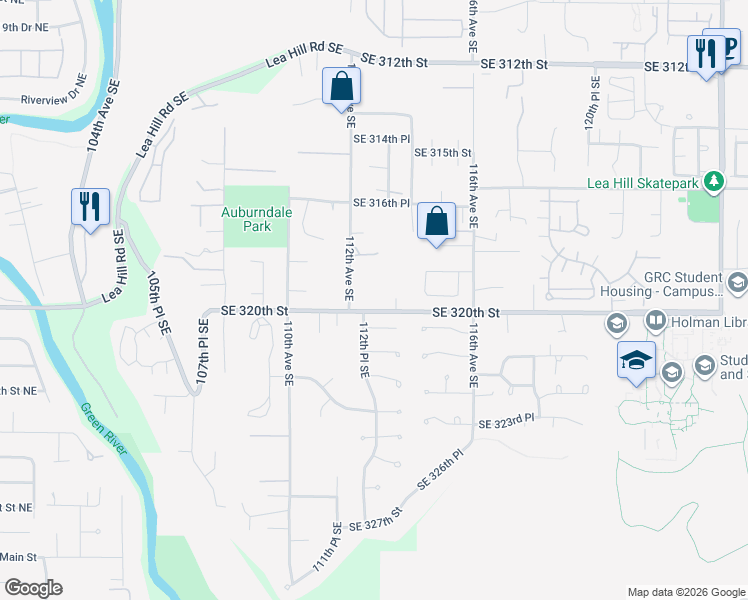 map of restaurants, bars, coffee shops, grocery stores, and more near 11224 Southeast 320th Street in Auburn