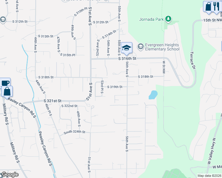 map of restaurants, bars, coffee shops, grocery stores, and more near 5329 South 319th Street in Auburn