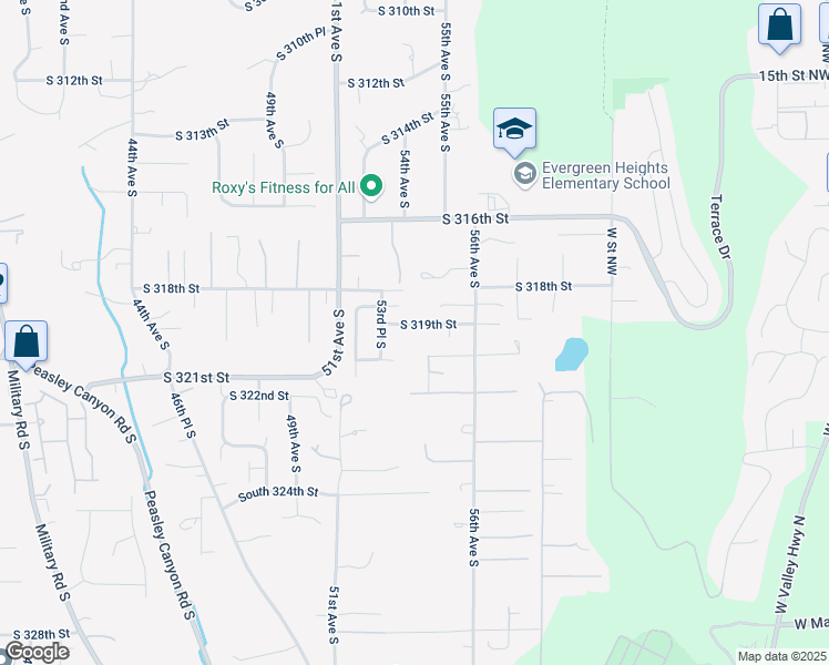 map of restaurants, bars, coffee shops, grocery stores, and more near 5329 South 319th Street in Auburn