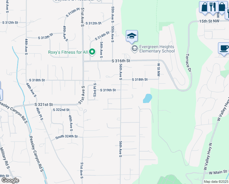 map of restaurants, bars, coffee shops, grocery stores, and more near 5515 South 319th Street in Auburn