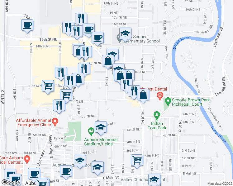 map of restaurants, bars, coffee shops, grocery stores, and more near 1004 9th Street Northeast in Auburn