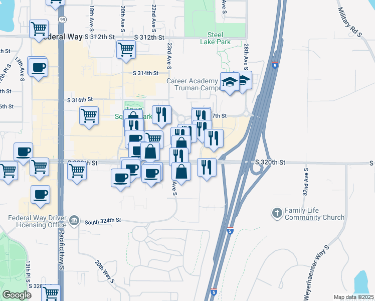 map of restaurants, bars, coffee shops, grocery stores, and more near 2400 S 320th St in Federal Way