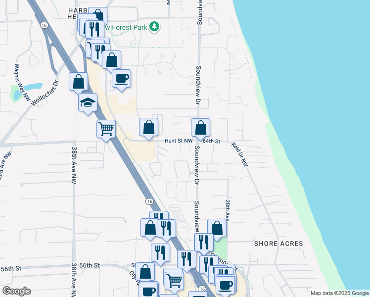 map of restaurants, bars, coffee shops, grocery stores, and more near 6328 Islandview Terrace in Gig Harbor
