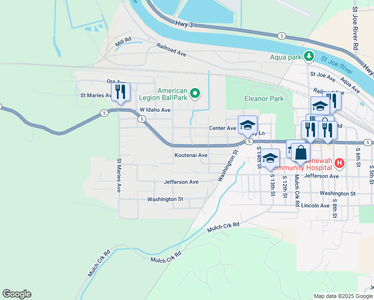 map of restaurants, bars, coffee shops, grocery stores, and more near 1845 Main Avenue in Saint Maries