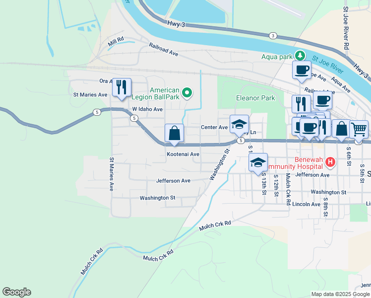 map of restaurants, bars, coffee shops, grocery stores, and more near 1845 Main Avenue in Saint Maries