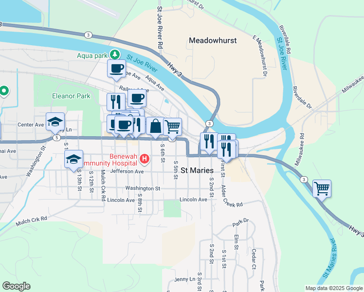 map of restaurants, bars, coffee shops, grocery stores, and more near 401 Main Avenue in Saint Maries