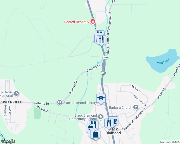 map of restaurants, bars, coffee shops, grocery stores, and more near 25123 Roberts Drive in Black Diamond