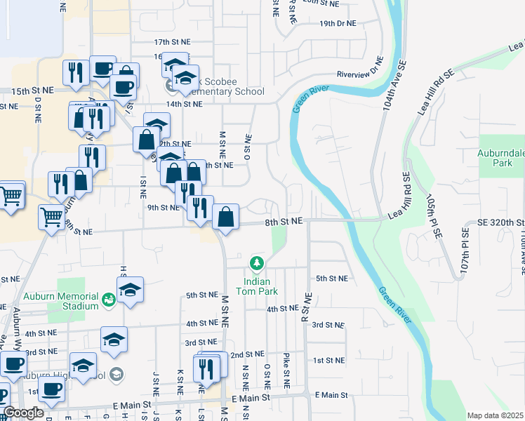 map of restaurants, bars, coffee shops, grocery stores, and more near 1433 8th Street Northeast in Auburn