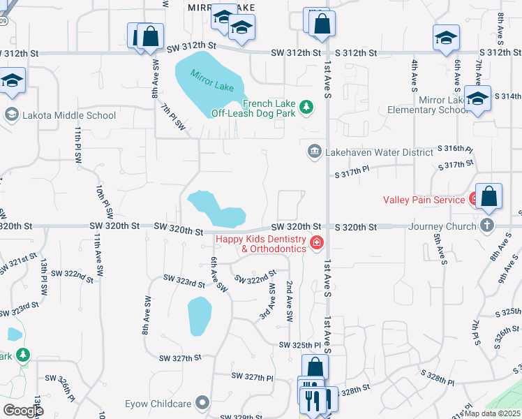 map of restaurants, bars, coffee shops, grocery stores, and more near 31909 3rd Place Southwest in Federal Way