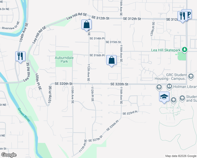 map of restaurants, bars, coffee shops, grocery stores, and more near 11224 Southeast 320th Street in Auburn