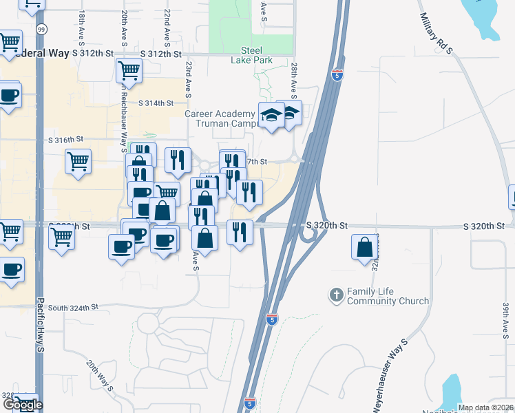 map of restaurants, bars, coffee shops, grocery stores, and more near 31910 Gateway Center Boulevard South in Federal Way
