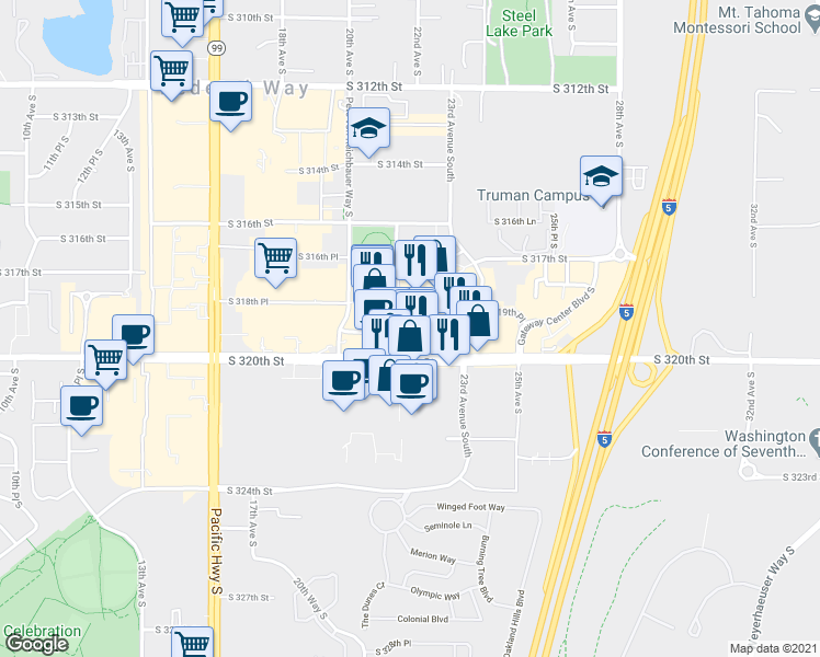 map of restaurants, bars, coffee shops, grocery stores, and more near 31908 21st Avenue South in Federal Way