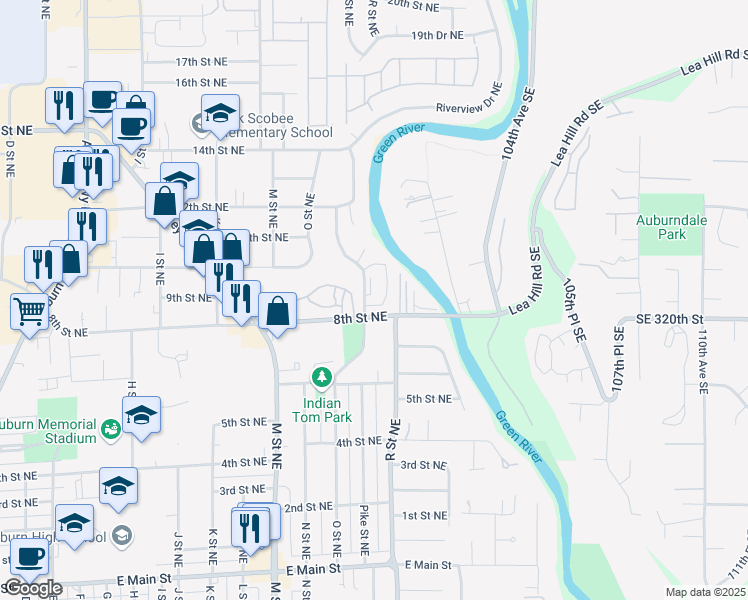 map of restaurants, bars, coffee shops, grocery stores, and more near 810 Pike Street Northeast in Auburn