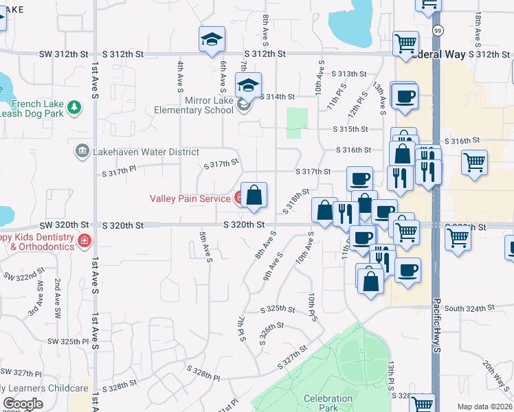 map of restaurants, bars, coffee shops, grocery stores, and more near 720 South 320th Street in Federal Way