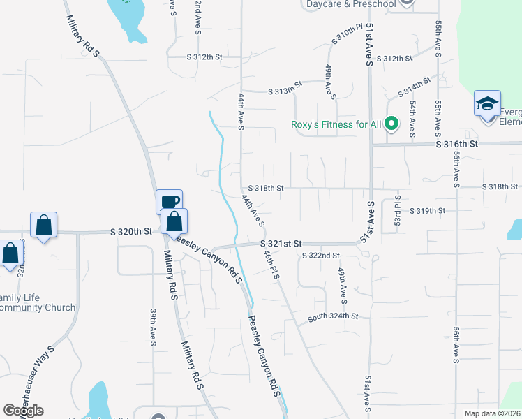 map of restaurants, bars, coffee shops, grocery stores, and more near 31834 44th Avenue South in Auburn