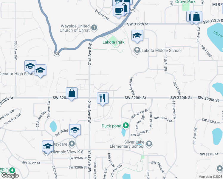 map of restaurants, bars, coffee shops, grocery stores, and more near 1824 Southwest 318th Place in Federal Way