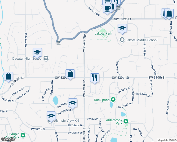 map of restaurants, bars, coffee shops, grocery stores, and more near 1938 Southwest 318th Place in Federal Way
