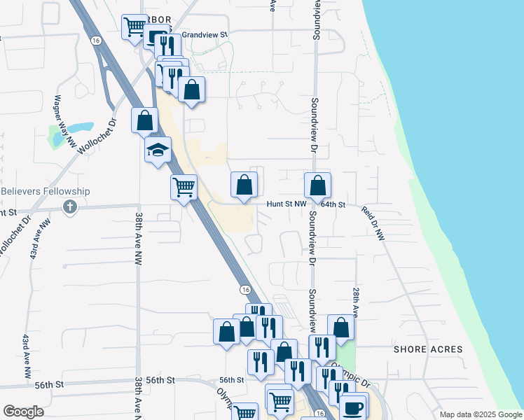 map of restaurants, bars, coffee shops, grocery stores, and more near 3012 Hunt Street in Gig Harbor