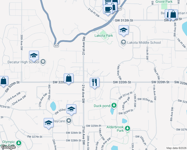 map of restaurants, bars, coffee shops, grocery stores, and more near 1938 Southwest 318th Place in Federal Way