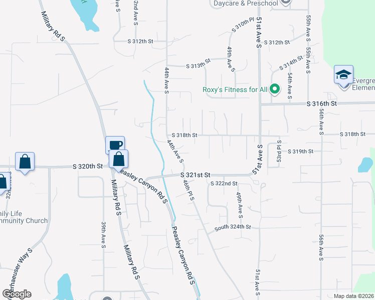 map of restaurants, bars, coffee shops, grocery stores, and more near 31834 44th Avenue South in Auburn