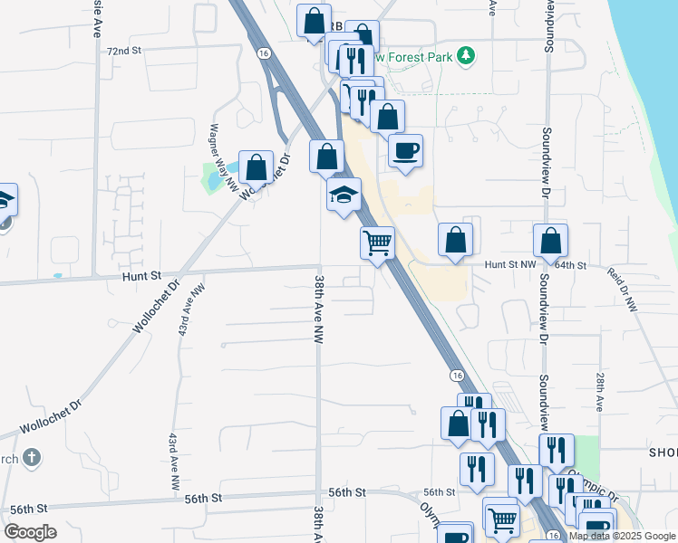 map of restaurants, bars, coffee shops, grocery stores, and more near 3702 Hunt Street in Gig Harbor