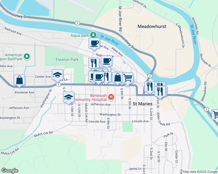 map of restaurants, bars, coffee shops, grocery stores, and more near 729 Main Avenue in Saint Maries