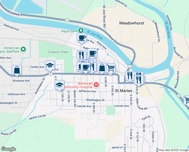 map of restaurants, bars, coffee shops, grocery stores, and more near 729 Main Avenue in Saint Maries