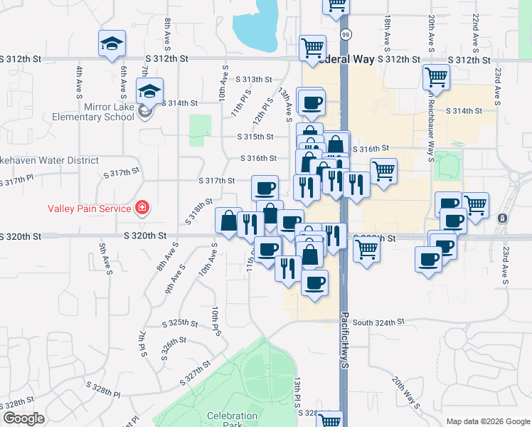 map of restaurants, bars, coffee shops, grocery stores, and more near 1066 South 320th Street in Federal Way