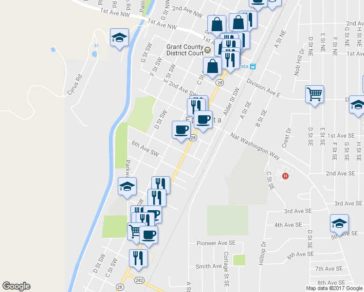 map of restaurants, bars, coffee shops, grocery stores, and more near 447 Basin Street Southwest in Ephrata