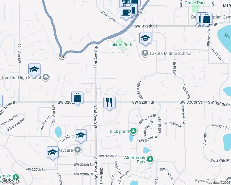 map of restaurants, bars, coffee shops, grocery stores, and more near 1824 Southwest 318th Place in Federal Way