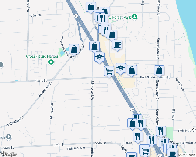 map of restaurants, bars, coffee shops, grocery stores, and more near 3711 Hunt Street in Gig Harbor
