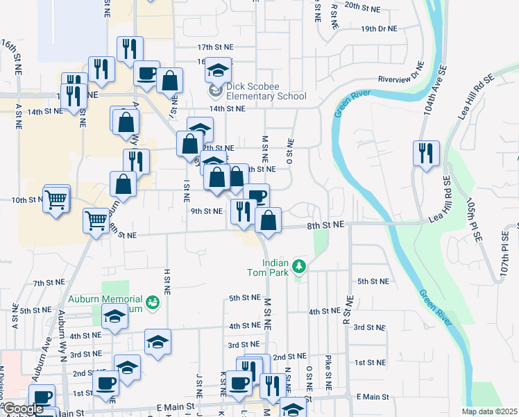 map of restaurants, bars, coffee shops, grocery stores, and more near 1303 8th Street Northeast in Auburn
