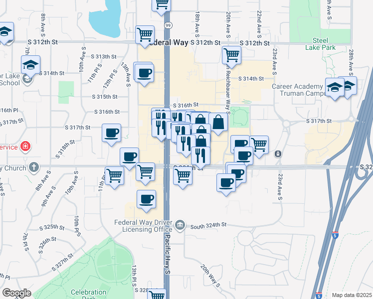 map of restaurants, bars, coffee shops, grocery stores, and more near 1706 South 320th Street in Federal Way