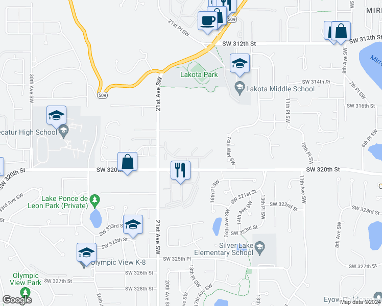 map of restaurants, bars, coffee shops, grocery stores, and more near 1824 Southwest 318th Place in Federal Way