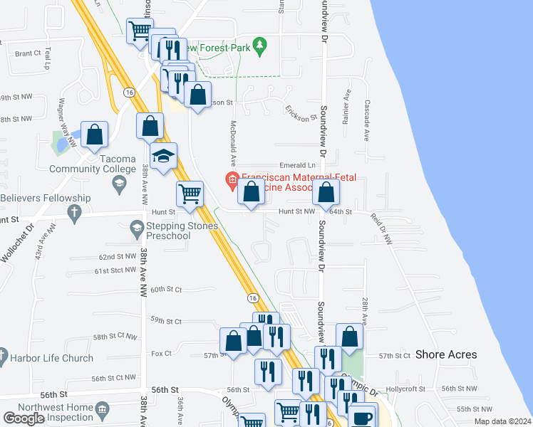 map of restaurants, bars, coffee shops, grocery stores, and more near 6363 Harbor Sunset Place in Gig Harbor