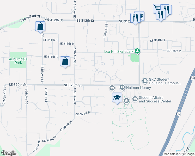map of restaurants, bars, coffee shops, grocery stores, and more near 31826 118th Place Southeast in Auburn