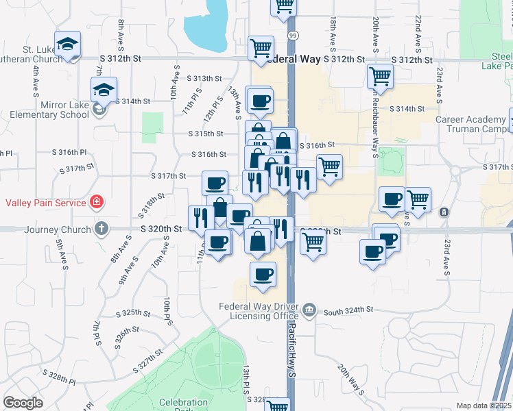 map of restaurants, bars, coffee shops, grocery stores, and more near 31835 Pacific Highway South in Federal Way