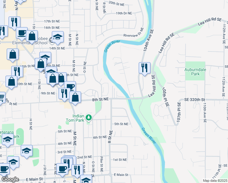 map of restaurants, bars, coffee shops, grocery stores, and more near 813 R Street Northeast in Auburn