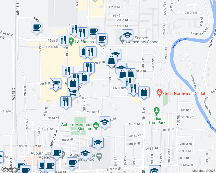 map of restaurants, bars, coffee shops, grocery stores, and more near 905 I Street Northeast in Auburn