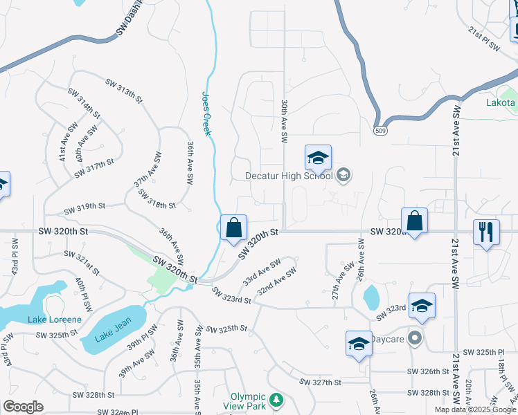 map of restaurants, bars, coffee shops, grocery stores, and more near 3207 Southwest 319th Street in Federal Way