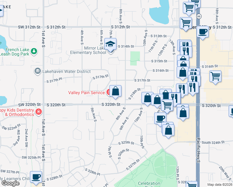 map of restaurants, bars, coffee shops, grocery stores, and more near 720 South 320th Street in Federal Way